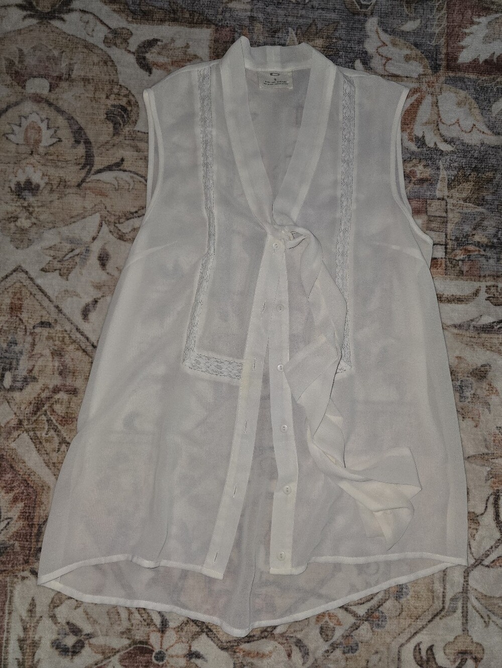 Pins & Needles White Sheer Tie-Neck Lace Trim Sleeveless Blouse